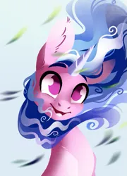 Size: 489x678 | Tagged: safe, artist:28gooddays, derpibooru import, izzy moonbow, pony, unicorn, bust, g5, image, no pupils, png, portrait, smiling, solo, wind, windswept mane