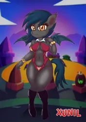 Size: 2480x3508 | Tagged: suggestive, artist:xunil763, derpibooru import, oc, oc:speck, anthro, bat pony, undead, vampire, bat pony oc, bat wings, belly button, boots, breasts, cleavage, clothes, costume, female, halloween, halloween costume, hips, holiday, image, knees pressed together, nightmare night, nightmare night costume, png, shoes, solo, thighs, thunder thighs, vampirella, wide hips, wings