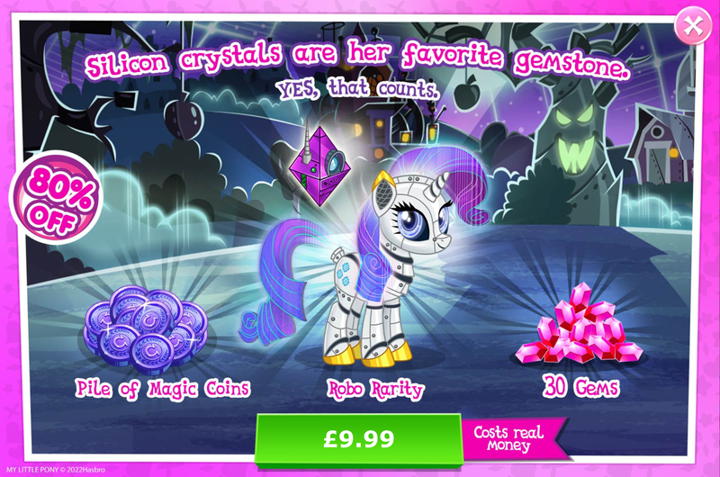 Size: 1964x1300 | Tagged: safe, derpibooru import, official, rarity, pony, robot, robot pony, unicorn, advertisement, antennae, camera, costs real money, english, female, gameloft, gem, hologram, horn, image, jpeg, magic coins, mare, numbers, raribot, roboticization, sale, solo, solo focus, text