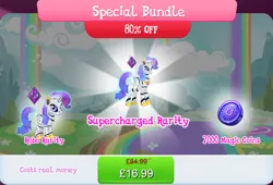 Size: 1268x860 | Tagged: safe, derpibooru import, official, rarity, pony, robot, robot pony, unicorn, antennae, bundle, camera, costs real money, duality, english, female, gameloft, height difference, hologram, horn, image, jpeg, magic coins, mare, numbers, raribot, roboticization, sale, solo, solo focus, text