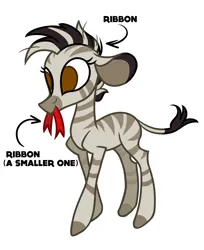 Size: 1120x1370 | Tagged: safe, artist:nonameorous, derpibooru import, ribbon (tfh), zebra, them's fightin' herds, black and white mane, brown eyes, community related, holding, image, mouth hold, png, ribbon, simple background, solo, standing, white background