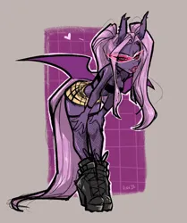 Size: 1462x1746 | Tagged: suggestive, artist:pixxpal, derpibooru import, oc, oc:lilac night, anthro, bat pony, boots, breasts, clothes, costume, dick sucking lips, female, fishnets, halloween, halloween costume, heart, holiday, image, jpeg, lipstick, pink background, sexy, shoes, short shirt, simple background, skirt, slut, small breasts