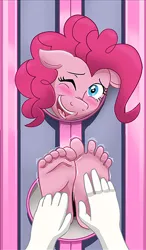 Size: 291x499 | Tagged: suggestive, artist:caroo, derpibooru import, edit, pinkie pie, anthro, plantigrade anthro, ahegao, barefoot, blushing, bondage, clothes, cute, diapinkes, feet, female, femsub, fetish, floppy ears, foot fetish, grin, image, laughing, one eye closed, open mouth, pinkie loves tickling, pinkiesub, png, smiling, submissive, tickle torture, tickling, toes, tongue out, uvula, wall stocks, wink