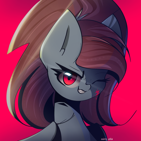 Size: 2000x2000 | Tagged: safe, artist:miryelis, derpibooru import, oc, oc:rainven wep, unofficial characters only, pegasus, pony, big ears, bust, cut, female, image, look, looking at you, png, ponytail, red eyes, signature, simple background, smiling, solo