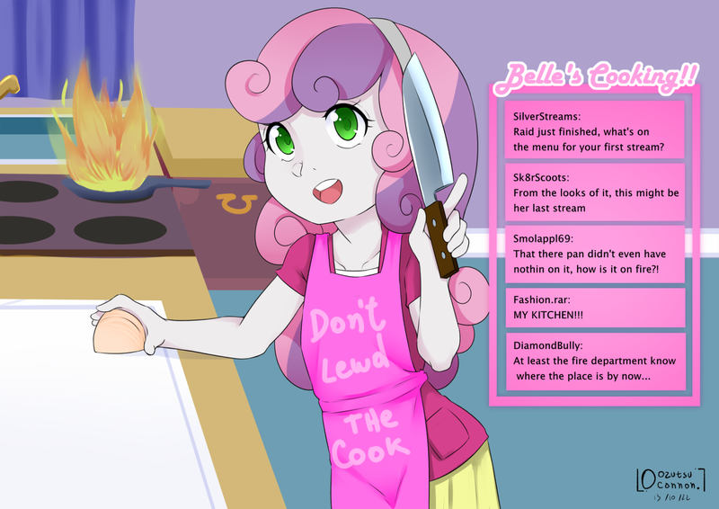 Size: 1713x1211 | Tagged: suggestive, artist:oozutsucannon, derpibooru import, sweetie belle, human, equestria girls, apron, clothes, cooking, explicit source, fire, food, image, knife, png, river, stream, streaming, sweetie belle can't cook, sweetie fail, water