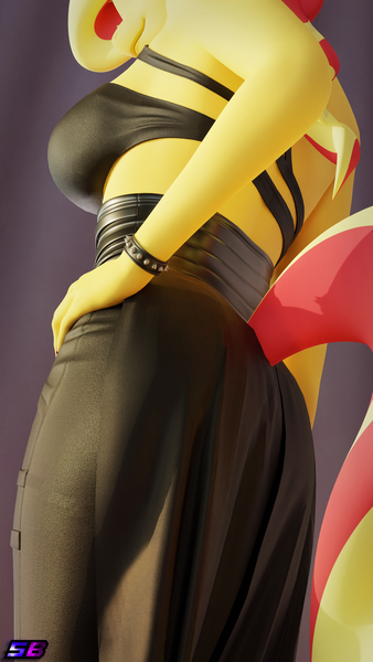 Size: 2160x3840 | Tagged: safe, artist:shadowboltsfm, derpibooru import, sunset shimmer, anthro, plantigrade anthro, 3d, 4k, blender, bra, breasts, clothes, corset, female, hand on hip, high res, image, low angle, not sfm, png, rear view, sideboob, solo, underwear