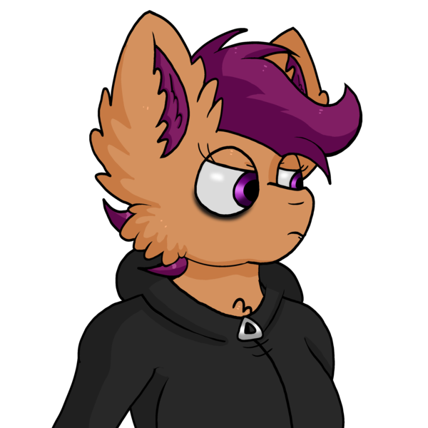 Size: 3072x3072 | Tagged: safe, artist:taeko, derpibooru import, scootaloo, pegasus, pony, semi-anthro, fanfic:rainbow factory, 2022, absentia, bags under eyes, cheek fluff, chest fluff, clothes, derpibooru exclusive, ear fluff, eyelashes, factory scootaloo, fanfic art, female, hoodie, image, looking offscreen, png, simple background, solo, teenager, transparent background