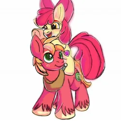 Size: 1378x1378 | Tagged: safe, artist:mlpsprout, derpibooru import, apple bloom, big macintosh, earth pony, pony, apple bloom riding big macintosh, brother and sister, female, filly, foal, image, jpeg, male, open mouth, siblings, simple background, smiling, stallion, unshorn fetlocks, white background