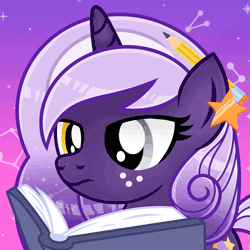 Size: 500x500 | Tagged: safe, artist:jennieoo, derpibooru import, oc, oc:midnight twinkle, pony, unicorn, animated, avatar, blinking, book, commission, freckles, gif, heterochromia, icon, image, pencil, reading, simple background, solo, space, vector