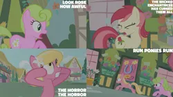 Size: 4400x2475 | Tagged: safe, derpibooru import, edit, edited screencap, editor:quoterific, screencap, daisy, flower wishes, lily, lily valley, roseluck, bridle gossip, image, png, the horror