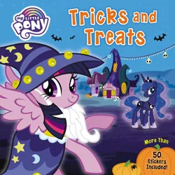 Size: 648x648 | Tagged: safe, derpibooru import, official, princess luna, twilight sparkle, twilight sparkle (alicorn), alicorn, bat, luna eclipsed, book cover, clothes, costume, cover, halloween, halloween costume, holiday, image, jpeg, logo, my little pony, my little pony logo, nightmare night, pumpkin, star swirl the bearded costume, stock vector