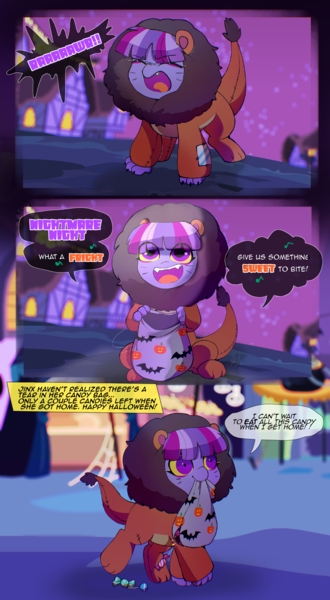 Size: 1927x3501 | Tagged: safe, artist:riukime, derpibooru import, oc, oc:jinx, unofficial characters only, big cat, draconequus, hybrid, lion, pony, animal costume, bag, candy, candy bag, clothes, costume, cute, dialogue, draconequus oc, female, filly, foal, food, halloween, holiday, image, interspecies offspring, mouth hold, nightmare night costume, ocbetes, offspring, parent:discord, parent:twilight sparkle, parents:discolight, png, trick or treat