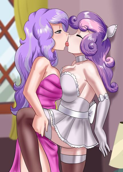 Size: 1470x2048 | Tagged: suggestive, artist:thebrokencog, derpibooru import, diamond tiara, sweetie belle, human, fanfic, big breasts, bow, breasts, busty diamond tiara, busty sweetie belle, clothes, commission, diamondbelle, dress, duo, duo female, eyes closed, fanfic art, female, females only, french kiss, french maid, garters, gloves, hair, hand on leg, humanized, image, jpeg, kissing, lesbian, lidded eyes, long hair, love, maid, older, older diamond tiara, older sweetie belle, pink dress, raised leg, romance, romantic, shipping, sultry, sultry pose, symmetrical docking, tongue out, tongue play