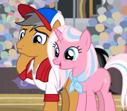 Size: 800x700 | Tagged: safe, derpibooru import, screencap, clear sky, quibble pants, earth pony, pony, unicorn, common ground, animated, baseball cap, cap, clothes, cropped, crowd, female, gif, hat, hug, image, male, mare, nuzzling, quibblesky, shipping, shirt, stallion, straight, talking