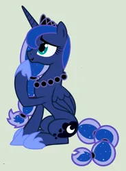 Size: 1600x2171 | Tagged: safe, artist:evilfrenzy, derpibooru import, princess luna, alicorn, pony, alternate hairstyle, alternate tailstyle, ethereal mane, female, formal wear, green background, image, jewelry, jpeg, mare, raised leg, regalia, simple background, sitting, smiling, solo, starry mane, tail, touching face