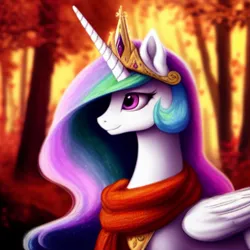 Size: 1024x1024 | Tagged: safe, derpibooru import, editor:dovakkins, machine learning generated, purplesmart.ai, stable diffusion, princess celestia, alicorn, pony, autumn, beautiful, bust, clothes, cute, female, forest, forest background, image, jewelry, png, portrait, regalia, scarf, smiling, solo, tree