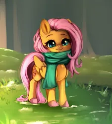 Size: 2180x2416 | Tagged: safe, artist:miokomata, derpibooru import, fluttershy, pegasus, pony, chest fluff, clothes, colored hooves, cute, female, freckles, freckleshy, grass, grass field, high res, image, jpeg, looking at you, mare, scarf, shyabetes, simple background, smiling, smiling at you, snow, solo, weapons-grade cute