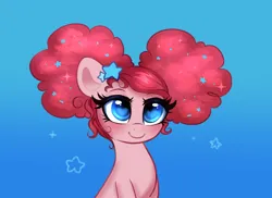 Size: 1280x934 | Tagged: safe, artist:confetticakez, derpibooru import, pinkie pie, earth pony, pony, alternate hairstyle, blue background, cute, diapinkes, ethereal mane, female, image, mare, pinkie puffs, png, simple background, smiling, solo, starry mane, stars