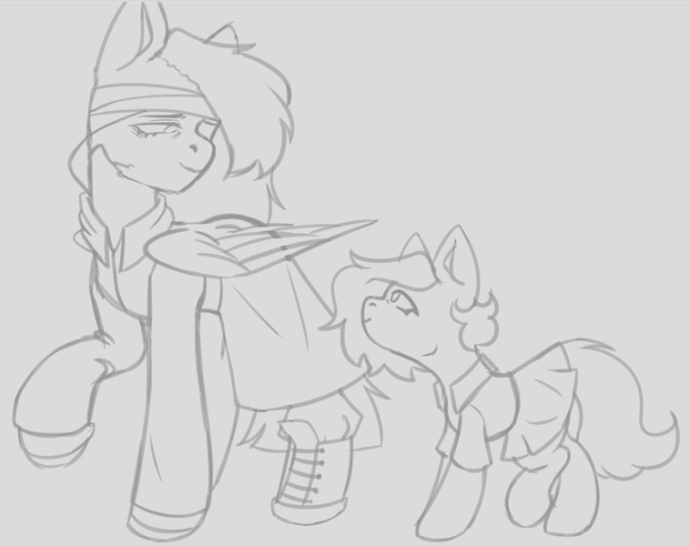 Size: 1063x841 | Tagged: safe, artist:tttips!, derpibooru import, oc, oc:vesta, unofficial characters only, pegasus, pony, bandage, clothes, derpibooru exclusive, female, foal, image, jpeg, male, mare, monochrome, pegasus oc, pioneer, shirt, short hair, skirt, stallion, stalliongrad, uniform, wings