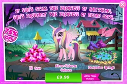 Size: 1964x1300 | Tagged: safe, derpibooru import, idw, official, princess cadance, alicorn, pony, advertisement, bush, chains, costs real money, crown, ear piercing, english, evil cadance, eyeshadow, female, gameloft, gem, horn, idw showified, image, jewelry, jpeg, lilypad, lock, makeup, mare, mirror universe, necklace, numbers, piercing, regalia, sale, solo, solo focus, spread wings, text, tree, water, wings