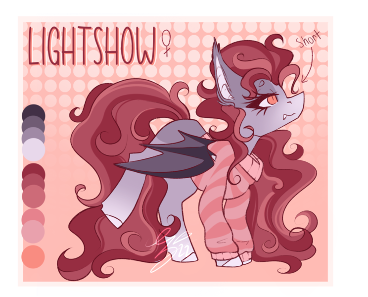 Size: 1356x1094 | Tagged: safe, artist:ezzerie, derpibooru import, oc, oc:lightshow, bat pony, baggy sweater, gradient, image, long mane, png, redesign, reference sheet, short, smol, solo