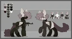 Size: 2560x1388 | Tagged: safe, artist:tttips!, derpibooru import, oc, oc:tttips!, unofficial characters only, pegasus, pony, ak-47, assault rifle, boots, choker, clothes, derpibooru exclusive, ear piercing, female, garter, gun, image, jpeg, long tail, maid, maid headdress, mare, palette, pegasus oc, piercing, pink hair, reference sheet, rifle, shirt, shoes, simple background, tail, uniform, weapon, white shirt, wings