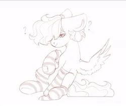 Size: 663x560 | Tagged: safe, artist:tttips!, derpibooru import, oc, pegasus, pony, clothes, derpibooru exclusive, image, jpeg, low quality, monochrome, patch, pegasus oc, question mark, short hair, socks, solo, spread wings, striped socks, wings