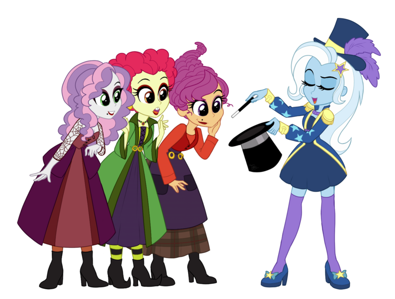 Size: 1430x1080 | Tagged: safe, artist:toxiccolour, derpibooru import, apple bloom, scootaloo, sweetie belle, trixie, equestria girls, alternate hairstyle, belt, boots, clothes, coat, commission, cosplay, costume, cutie mark crusaders, disney, dress, eyes closed, eyeshadow, female, halloween, halloween costume, hat, high heel boots, high heels, hocus pocus, holiday, image, lipstick, magic wand, magician, magician outfit, makeup, older, older apple bloom, older cmc, older scootaloo, older sweetie belle, open mouth, png, sanderson sisters, shirt, shoes, simple background, skirt, socks, stockings, striped socks, thigh highs, top hat, transparent background, witch