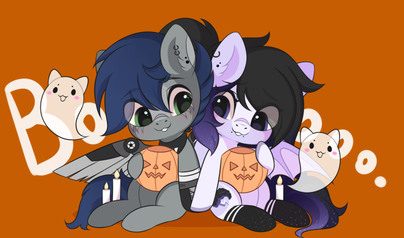 Size: 3000x1767 | Tagged: safe, artist:yomechka, derpibooru import, oc, unofficial characters only, ghost, pegasus, pony, undead, chibi, clothes, commission, duo, image, pegasus oc, png, pumpkin bucket, sitting, smiling, socks, wings, ych result