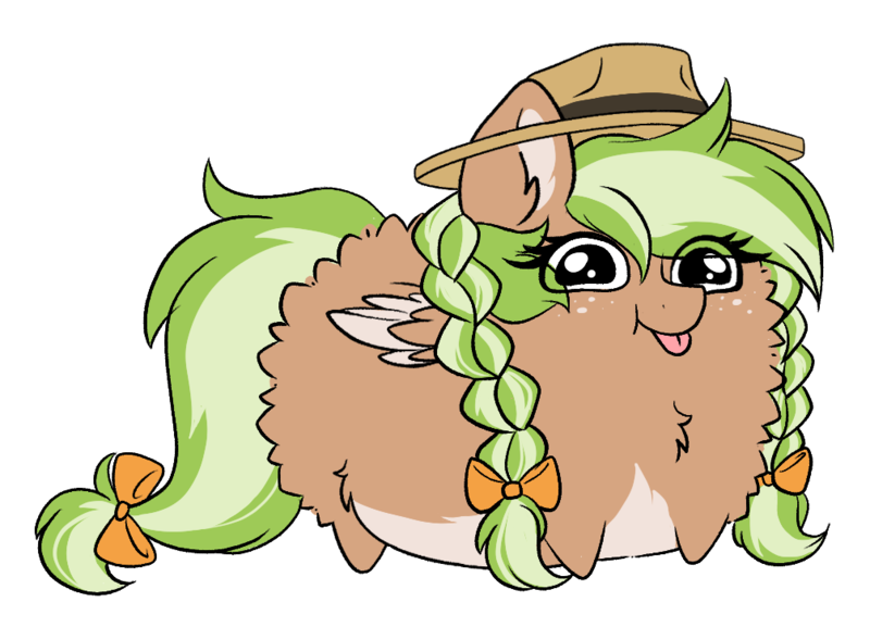 Size: 1005x725 | Tagged: safe, artist:rand-dums, derpibooru import, oc, oc:sylvia evergreen, unofficial characters only, pegasus, pony, :p, braid, braided pigtails, chest fluff, chibi, female, fluffy, freckles, hair tie, hat, image, mare, pegasus oc, pigtails, png, solo, tongue out, wings