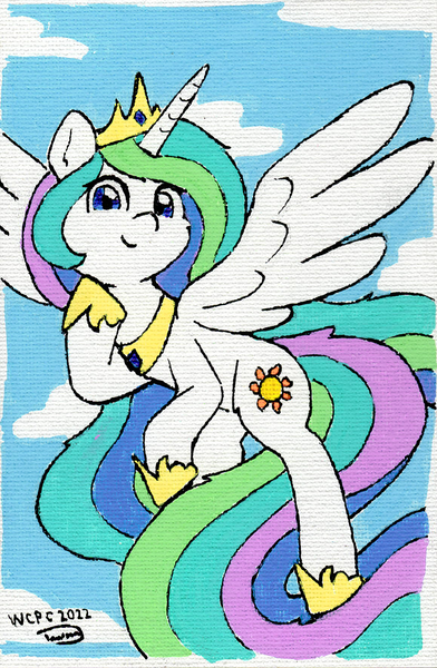 Size: 1159x1772 | Tagged: safe, artist:taurson, derpibooru import, princess celestia, alicorn, pony, acrylic painting, canvas, commission, flying, horn, image, jewelry, looking at you, png, regalia, sky, solo, traditional art, wings