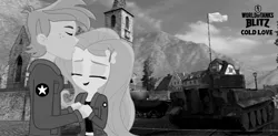 Size: 1094x540 | Tagged: safe, artist:dashdeviant, artist:edy_january, derpibooru import, edit, vector edit, big macintosh, fluttershy, human, equestria girls, black and white, clothes, eyes closed, female, fluttermac, forehead kiss, girls und panzer, grayscale, holding hands, hug, image, jacket, kissing, male, marine, marines, military, military uniform, monochrome, png, russia, saunders, shipping, straight, t20, tank (vehicle), text, uniform, united states, usmc, vector