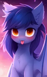 Size: 2048x3328 | Tagged: safe, derpibooru import, editor:ramprover, machine learning generated, purplesmart.ai, stable diffusion, bat pony, pony, :p, blushing, chest fluff, derpibooru exclusive, ear fluff, fangs, female, image, looking at you, mare, png, solo, tongue out