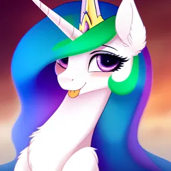 Size: 2048x2048 | Tagged: safe, derpibooru import, editor:ramprover, machine learning generated, purplesmart.ai, stable diffusion, princess celestia, alicorn, pony, :p, blushing, chest fluff, crown, derpibooru exclusive, ear fluff, eyebrows, female, high res, image, jewelry, looking at you, mare, png, regalia, smiling, smiling at you, solo, tongue out