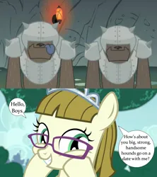 Size: 1393x1572 | Tagged: safe, derpibooru import, edit, edited screencap, screencap, unnamed character, zippoorwhill, diamond dog, pegasus, a dog and pony show, forever filly, armor, duo, female, glasses, guard, hooves on cheeks, image, interspecies, jewelry, male, png, shipping, shipping domino, smiling, speech bubble, straight, tiara, tongue out