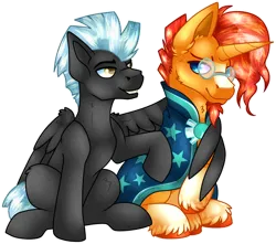 Size: 1656x1462 | Tagged: safe, artist:chvrchgrim, derpibooru import, sunburst, thunderlane, pegasus, pony, unicorn, clothes, gay, glasses, hug, image, looking at each other, looking at someone, male, png, raised hoof, robe, shipping, sitting, stallion, thunderburst, winghug, wings, wizard