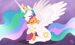Size: 1804x1080 | Tagged: safe, artist:ponykittenboi, derpibooru import, princess celestia, scootaloo, alicorn, pegasus, pony, duo, duo female, eyes closed, female, filly, foal, gradient background, hug, image, jewelry, mare, png, regalia, scootalove, shadow, signature, sitting, smiling, spread wings, wings