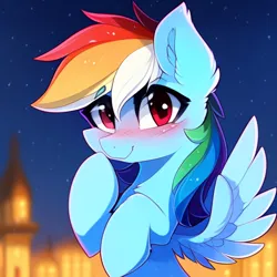 Size: 512x512 | Tagged: safe, derpibooru import, machine learning generated, rainbow dash, pegasus, pony, blushing, ear fluff, female, image, looking at you, mare, png, solo, wings