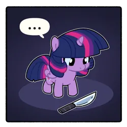 Size: 600x600 | Tagged: safe, artist:talimingi, derpibooru import, twilight sparkle, twilight sparkle (alicorn), alicorn, pony, ..., female, image, knife, looking at something, looking down, mare, png, smol, solo, speech bubble