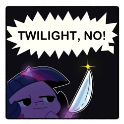 Size: 600x600 | Tagged: safe, artist:talimingi, derpibooru import, twilight sparkle, pony, black background, cute, dialogue, female, image, implied princess celestia, knife, levitation, lidded eyes, looking at something, magic, mare, offscreen character, png, simple background, smol, solo, speech bubble, telekinesis, twiabetes