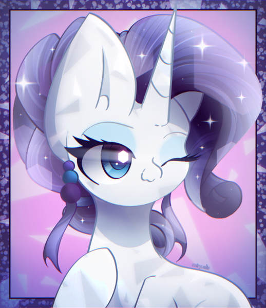 Size: 1900x2200 | Tagged: safe, artist:miryelis, derpibooru import, rarity, crystal pony, pony, unicorn, crystallized, cute, eyelashes, hair, horn, image, jewelry, one eye closed, png, signature, simple background, smiling, solo, sparkles, the crystal empire 10th anniversary