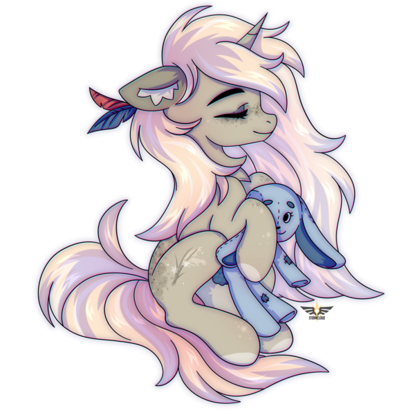 Size: 2500x2500 | Tagged: safe, artist:leah minik, derpibooru import, oc, oc:arisu yukita, unofficial characters only, pony, unicorn, eyes closed, feather, feather in hair, female, floppy ears, full body, hoof hold, horn, image, mare, pink mane, pink tail, plushie, png, simple background, sitting, smiling, solo, tail, trade, transparent background, unicorn oc