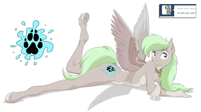 Size: 1280x719 | Tagged: suggestive, artist:doomy, derpibooru import, oc, oc:chesh, unofficial characters only, anthro, pegasus, unguligrade anthro, collar, dock, image, jpeg, looking at you, lying down, nudity, pale belly, pegasus oc, raised leg, simple background, spread wings, underhoof, white background, wings