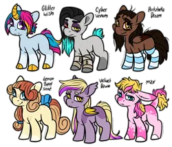 Size: 3324x2844 | Tagged: safe, artist:sexygoatgod, derpibooru import, oc, unofficial characters only, bat pony, donkey, pegasus, unicorn, adoptable, bow, chibi, clothes, female, image, male, pigtails, png, simple background, socks, stockings, striped socks, tail, tail bow, thigh highs, transparent background