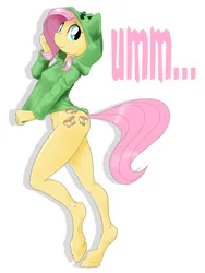 Size: 751x1000 | Tagged: suggestive, artist:doomy, derpibooru import, fluttershy, anthro, pegasus, unguligrade anthro, bottomless, clothes, creeper, female, hoodie, image, jpeg, minecraft, partial nudity, side view, simple background, solo, solo female, white background, wingless
