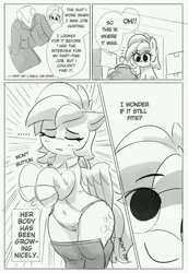 Size: 2811x4096 | Tagged: safe, artist:pabbley, derpibooru import, derpy hooves, pegasus, pony, belly button, bipedal, black and white, chubby, clothes, cute, derpabetes, eyes closed, female, grayscale, image, implied weight gain, jacket, japanese reading order, jpeg, mare, monochrome, panties, right to left, shirt, skirt, solo, underwear, wide hips