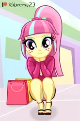 Size: 751x1138 | Tagged: suggestive, artist:tabrony23, derpibooru import, sour sweet, human, equestria girls, bag, butt, clothes, cute, female, image, legs, looking at you, mall, painted nails, patreon, patreon logo, png, sexy, shoes, shopping bag, show accurate, signature, skirt, smiling, smiling at you, solo, solo female, stupid sexy sour sweet, underwear