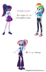 Size: 856x1340 | Tagged: safe, artist:prettycelestia, rainbow dash, sci-twi, twilight sparkle, fusion, geode, glasses, image, long pants, png, shoes, sneakers