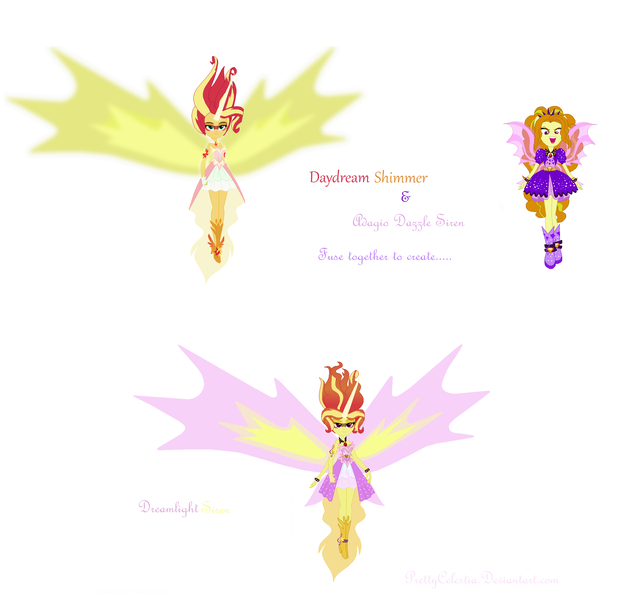 Size: 2200x2128 | Tagged: safe, artist:prettycelestia, derpibooru import, adagio dazzle, sunset shimmer, equestria girls, belt buckle, clothes, daydream shimmer, four arms, fusion, gem, glow, glowing horn, gradient mane, high heels, horn, image, multiple arms, png, shoes, siren gem