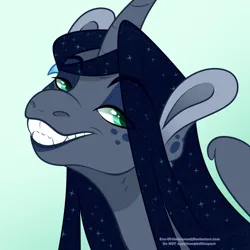 Size: 900x900 | Tagged: safe, artist:eve-of-halloween, derpibooru import, oc, oc:nightfall, alicorn, pony, alicorn oc, au:hallowverse, bust, canon x oc, cocky, curved horn, ethereal mane, facial markings, galaxy mane, gray coat, green eyes, hairpin, horn, image, lidded eyes, long mane, long mane male, looking at you, male, nexgen, next generation, parent:oc:intemp, parent:princess luna, png, prince, sharp teeth, simple background, smiling, smiling at you, spots, stallion, teeth, toothy grin, tulmbr:askmotherlyluna, tumblr, wings